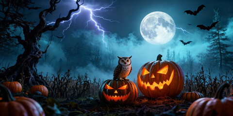 Pixelated Halloween Scene with Full Moon Owl Lightning and Jack O Lanterns in Dark Blue Foggy Background