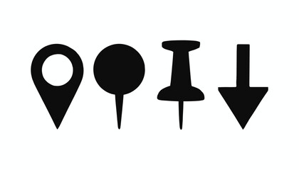 Collection of four black location pin and thumbtack icons marker pointer