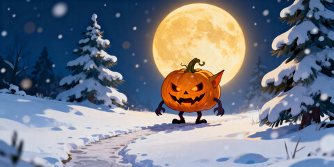 Fototapeta premium Pixelated Jack O Lantern Character in Snowy Landscape with Full Moon and Snowfall