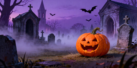 Pixelated Jack O Lantern In Graveyard At Dusk With Silhouetted Trees And Tombstones Against Purple Sky With Flying Bats For Halloween