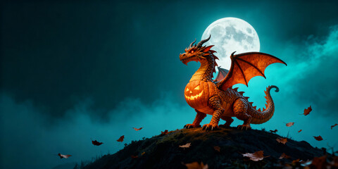Pixelated Orange Dragon with Pumpkin Belly Standing on Grassy Hill Under Full Moon on Teal Background