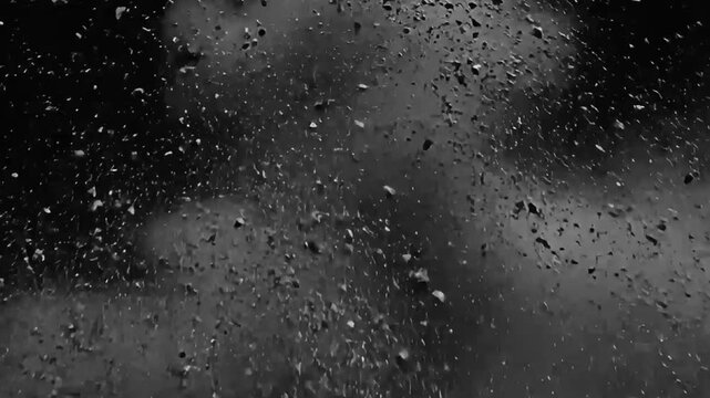 Explosion of dust and debris in slow motion on black background