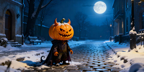 Pumpkin Head Character in Snowy Urban Street with Moonlight in Moody Blue Tones