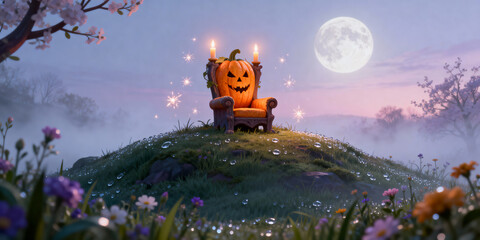 Pumpkin Head Chair on a Green Hill Under Moonlight with Flowers
