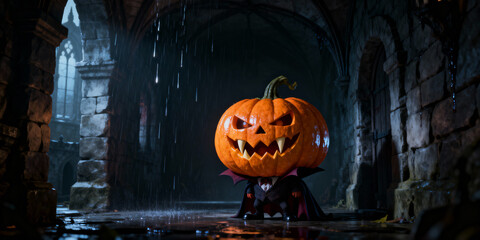 Pumpkin Head Character in Dark Stone Corridor with Rainy Atmosphere and Ominous Lighting Style