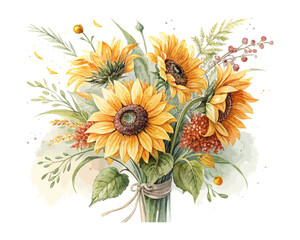 Naklejka premium Watercolor Summer Sunflower Bouquet Hand Painted Isolated on White background