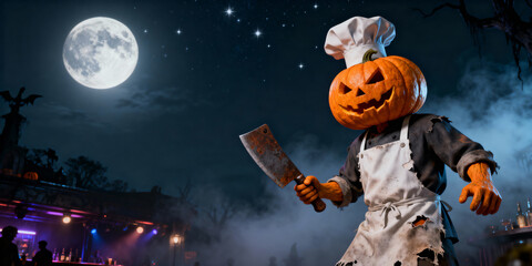Pumpkin Headed Chef with Cleaver in Moonlit Halloween Scene