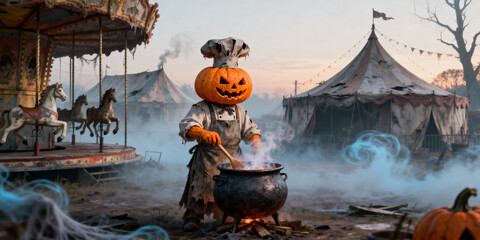 Pumpkin Headed Chef Stirring Cauldron At Dusk By Vintage Carnival With Carousel And Circus Tents Under Sky