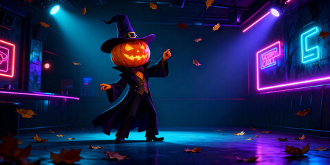 Pumpkin Headed Figure in Witch Hat and Black Robe in Lit Room with Falling Leaves