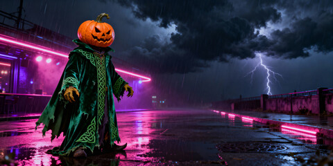 Pumpkin Headed Figure in Green Robe During Stormy Night with Lightning and City Lights