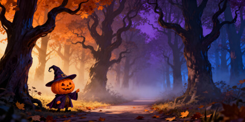 Pumpkin Headed Pixel Art Character in Witch Hat Standing on Path through Forest with Orange and Purple Foliage