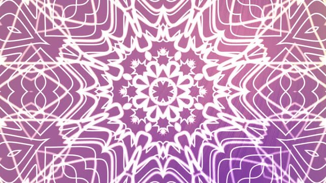 Abstracts Twirls Kaleidoscope A, Abstract glowing white mandala pattern on a vibrant purple and pink gradient background,  Stock royalty free video.