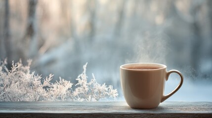 Cozy winter still life: mug of hot tea and warm woolen knitting on vintage windowsill against snow landscape from outside.