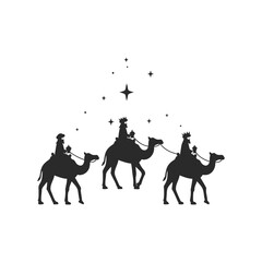 Silhouette of three kings on camels following stars in night sky