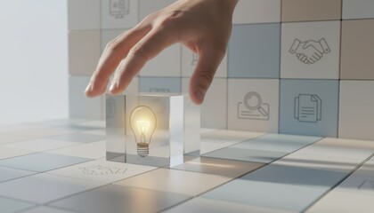 Illuminating Idea: A hand carefully places a transparent cube containing a glowing light bulb onto a grid of tiles decorated with simple business icons.