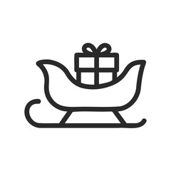 Sleigh with gift icon: christmas holiday symbol in simple black outline