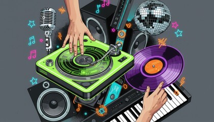 Music Symphony: A vibrant illustration of a DJ's hands poised above a turntable, surrounded by classic audio equipment, celebrating the essence of music and rhythm.