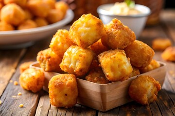 Pile of golden brown fried cheese cubes in a wooden bowl on a rustic table with a blurred background of more fried food
