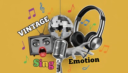 Vintage Music Collage: A vibrant collage featuring iconic vintage elements like a retro television, a disco ball, headphones, and a microphone, celebrating the timeless appeal of music.