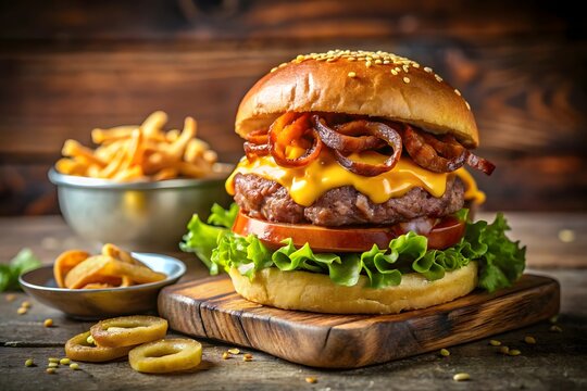 A juicy gourmet burger with melted cheese, crispy bacon, and fresh lettuce on a sesame seed bun, served with french fries on a wooden table