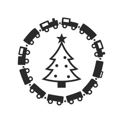 Christmas tree and toy train circle design in black and white