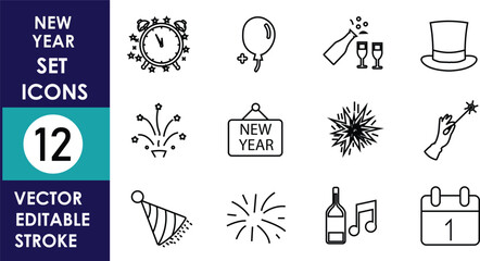 A festive New Year vector icon set featuring twelve outline symbols, including fireworks, champagne, calendar, party hat, balloon, music, magic sparkler, and celebration items