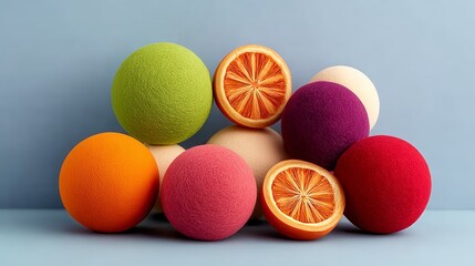 Obraz premium Colorful arrangement of textured spheres in various shades including orange, green, and purple, with a sliced orange revealing its vibrant interior, creating a playful and artistic composition