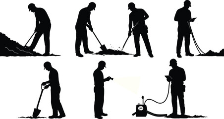 Obraz premium Silhouettes of construction and field workers using shovels, surveying devices, and technology tools for excavation, measurement, digging, and infrastructure maintenance illustration