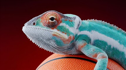 Fototapeta premium Colorful chameleon perched on a basketball, showcasing vibrant scales and intricate textures, against a dramatic red background, highlighting the unique blend of nature and sports in a captivating com