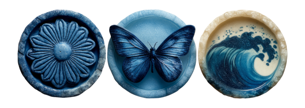Detailed illustration of blue decorative objects with butterfly and wave motifs - Powered by Adobe