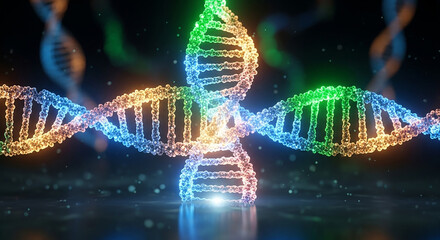 Abstract glowing dna helix strands with vibrant colorful light and bokeh effects