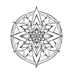 Intricate Geometric Mandala: A detailed black and white hand-drawn mandala, embodying balance, harmony, and spiritual awakening. Ideal for meditation and mindfulness.