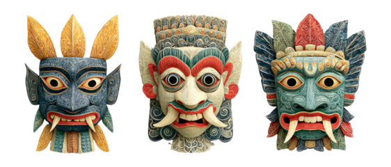 Colorful Illustrations of Traditional Masks Featuring Unique Shapes and Art Styles