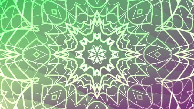 Abstracts Twirls Kaleidoscope A, Abstract moving mandala pattern with neon lines on a colorful gradient background,  Video Stock royalty.