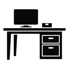 Simple black silhouette of a computer desk with monitor and drawer unit silhouette