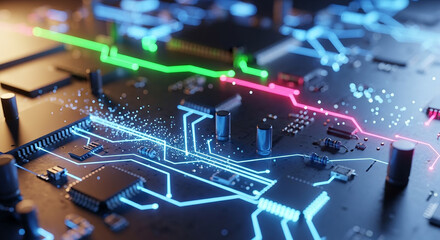 Abstract digital circuit board with glowing neon lines and components