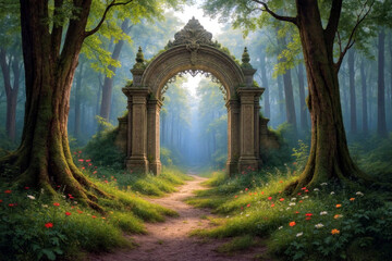 Fototapeta premium Ornate Stone Archway In Sunlit Forest Clearing With Tall Trees Moss And Soft Morning Light