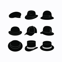 Collection of nine black silhouette hats on white background headwear fashion