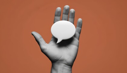 Communication: Open palm extends towards the viewer, cradling a white speech bubble. The message resonates with an immediate connection.