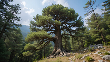 Fototapeta premium the majestic Pino Loricato (Bosnian pine) called Patriarca (patriarch) due to its millennial age in the Pollino National Park. Pinus heldreichii or Pinus leucodermis. Calabria and Basilicata, Italy