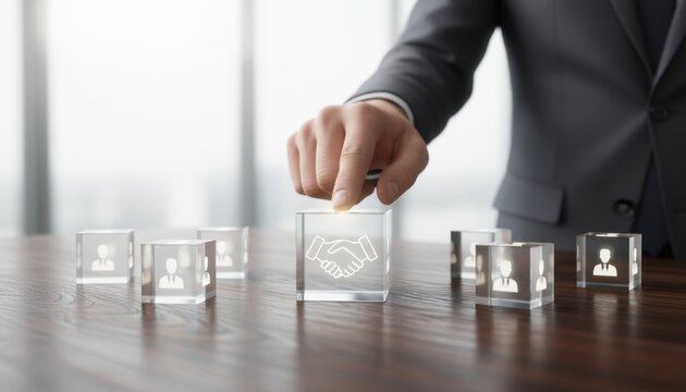 Strategic Partnership: An executive hand thoughtfully selects a handshake icon, representing a strategic partnership amidst a sea of teamwork and collaborative opportunity. 