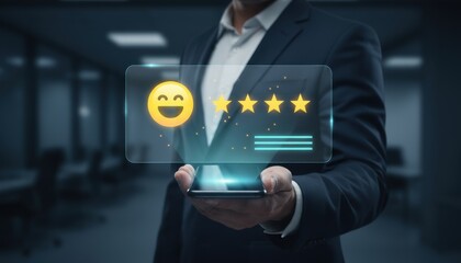 Customer feedback: A business professional holds a smartphone displaying a feedback rating. This image conveys the importance of customer satisfaction and experience.
