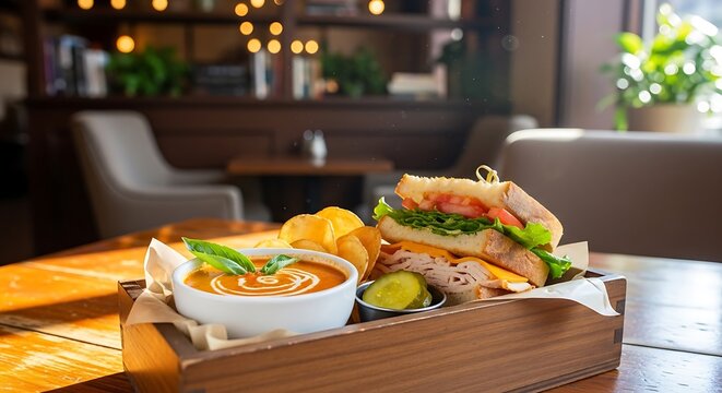 Delicious sandwich and soup combo served on a wooden tray in a cozy cafe.