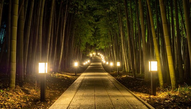 Illuminated bamboo forest path at night
