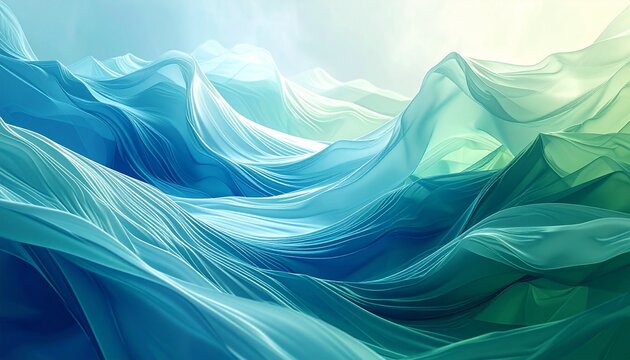Abstract flowing wavy shapes in blue and green gradient, modern digital art background texture with soft light.