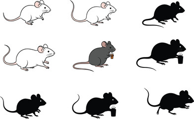Cartoon mouse illustrations in line art, colored, and silhouette styles – vector set for character design and animal themes