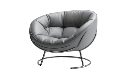 Modern contemporary armchair featuring a rounded, gray leather design and a chrome metal frame, presented against a contrasting black background for a sleek, minimalist aesthetic that would be...
