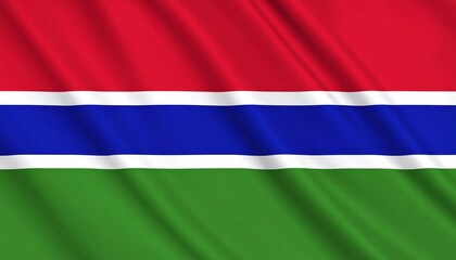 Naklejka premium A river of blue flows between sun and soil—the flag of The Gambia stretches in bold stripes, where red burns with heat, green breathes with life, and white lines whisper peace. It’s a banner of elemen