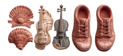 Artistic Collage of Shells, Violin, and Shoes on Transparent Background