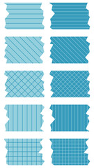 Set of blue washi tapes with patterns isolated on white. Tapes collection in vector. Pieces of decorative tape for scrapbooks. Torn paper. Lines, cell